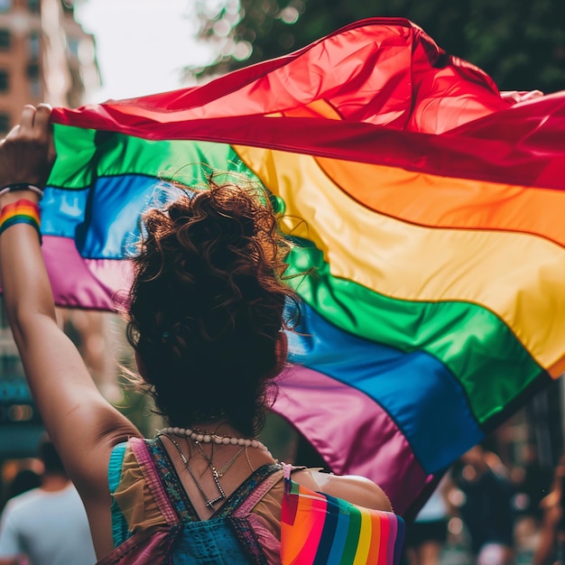 A heroic person with a LGBTQ flag in a pride parade