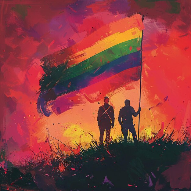 A heroic person with a LGBTQ flag in a pride parade