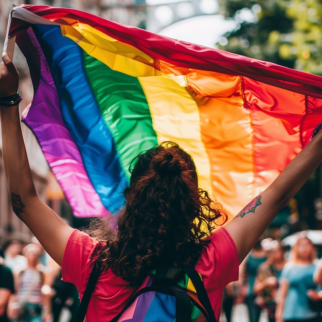 A heroic person with a LGBTQ flag in a pride parade