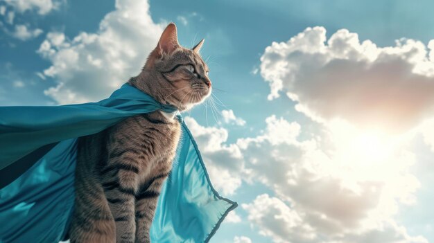 A heroic tabby cat dons a flowing cape gazing into the sky with a look of feline determination