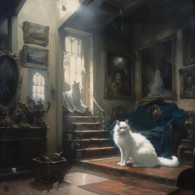 A heroic white cat in a haunted victorian house generative AI