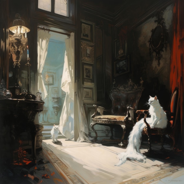 A heroic white cat sits on the chair in a haunted victorian house generative AI