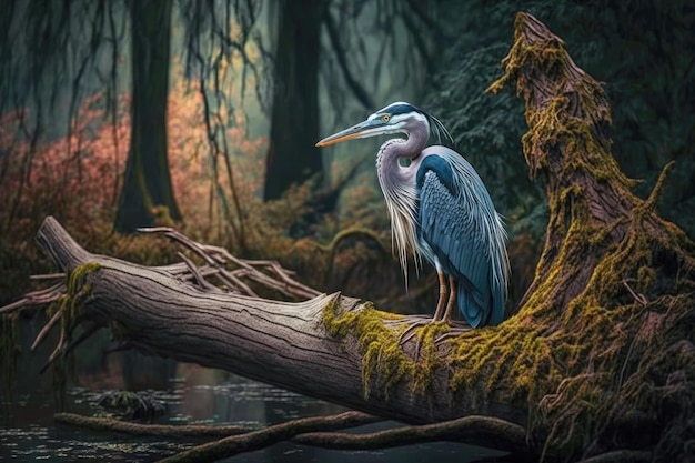 Heron sitting on branch of fallen tree in forest generative ai