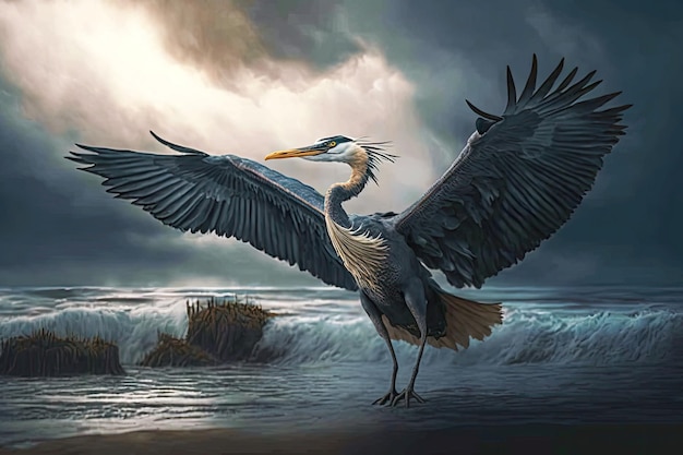 Heron spreading its wings and flying among clouds over sea generative ai