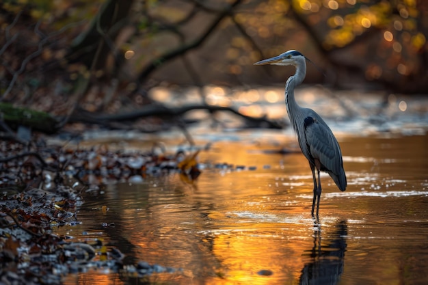 Photo a heron standing gracefully in a serene river at sunset surrounded by autumn foliage and reflecting golden light on the water