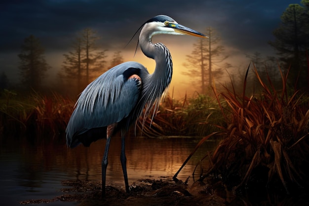 Heron in the swamp at sunset 3D render Wildlife scene A Great Blue Heron is captured in Everglades National Park Florida USA AI Generated