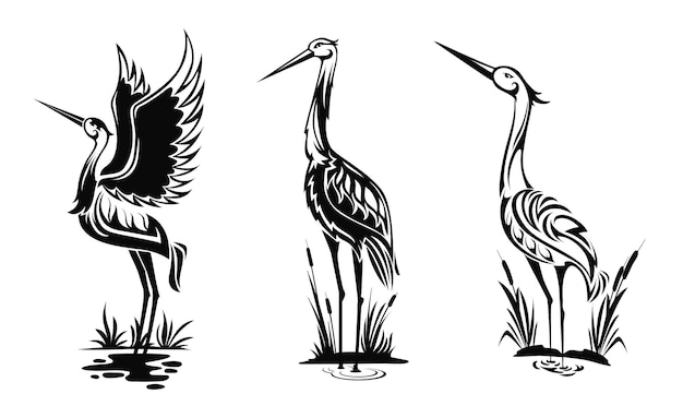 Heron or wader birds vector icons black herns