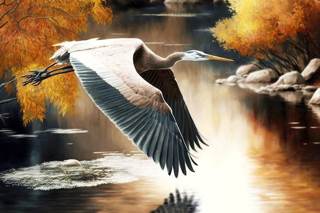 Heron white and grey brown in autumn flying over river generative ai