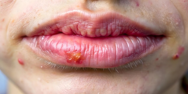 Photo herpes virus a closeup view of painful cold sores and blisters on a persons lips