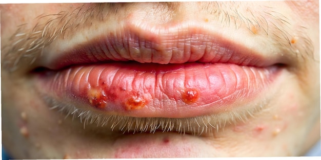 Photo herpes virus a closeup view of painful cold sores and blisters on a persons lips