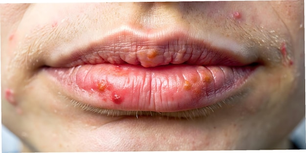 Photo herpes virus a closeup view of painful cold sores and blisters on a persons lips