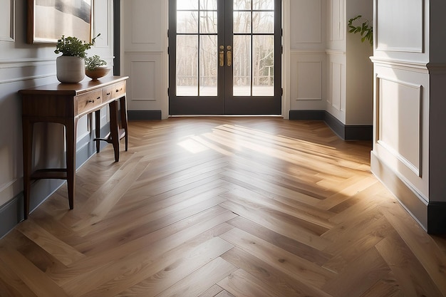 Herringbone Wood Floor Pattern in Sunlit Hallway