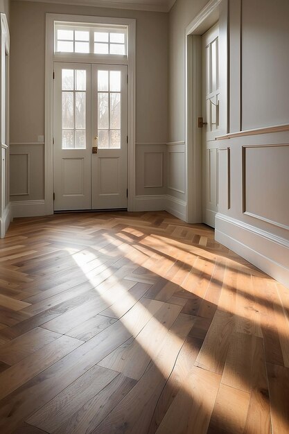 Herringbone Wood Floor Pattern in Sunlit Hallway