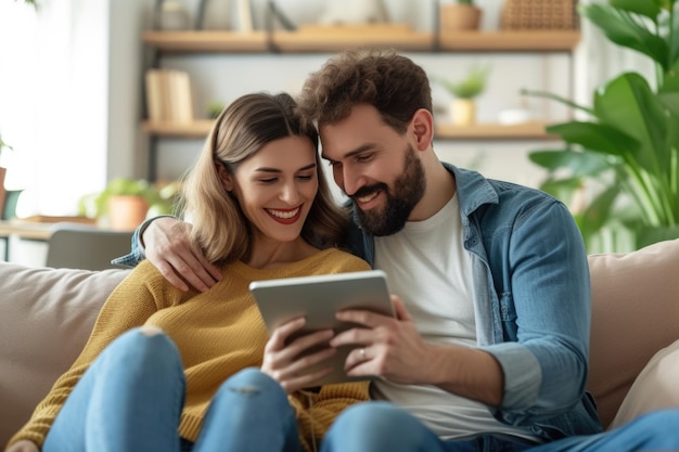 Heterosexual couple using IOT home app through tablet computer at new home