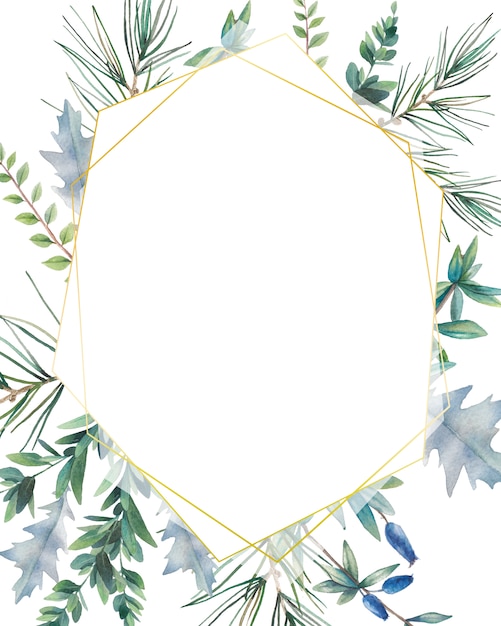 Hexagon Christmas plants frame. Hand drawn winter card design with evergreen branches, leaves, pine spruce. Greeting or logo template.