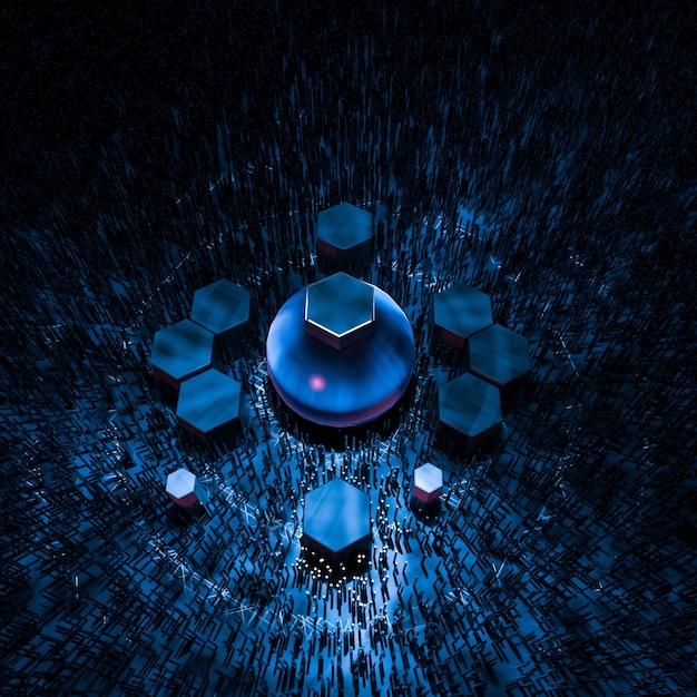 Photo hexagon cube with dark background surrounded by glowing lines 3d rendering