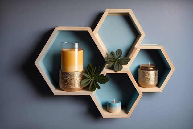 Hexagon floating shelves with blue candle and vacant space