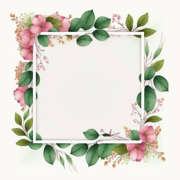 Hexagon frame of pink flower and green leaves with leave watercolor painting