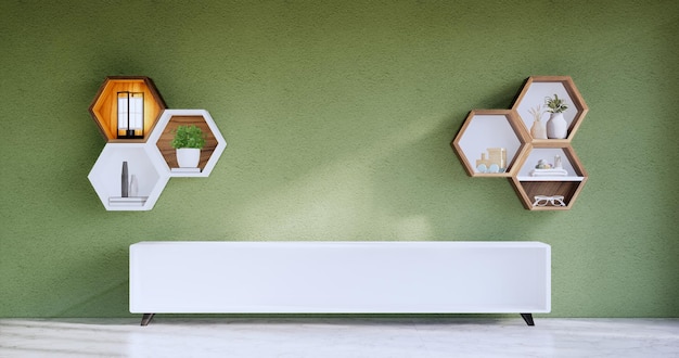 Hexagon wooden shelf japanese design on green wall background3D rendering