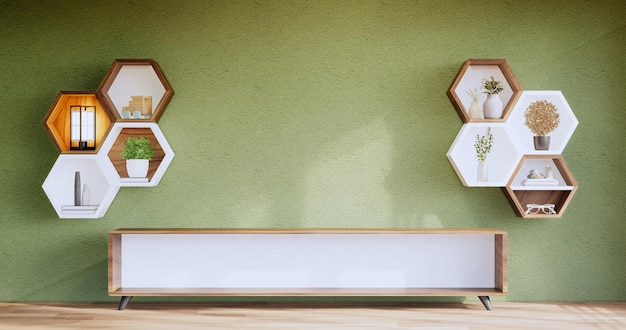 Hexagon wooden shelf japanese design on green wall background3D rendering