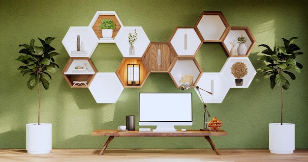 Hexagon wooden shelf japanese design on green wall background3D rendering