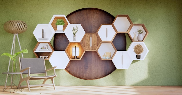 Hexagon wooden shelf japanese design on green wall background3D rendering