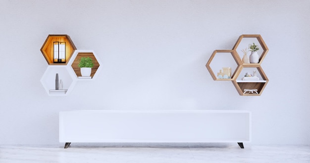 Hexagon wooden shelf japanese on wall background3D rendering