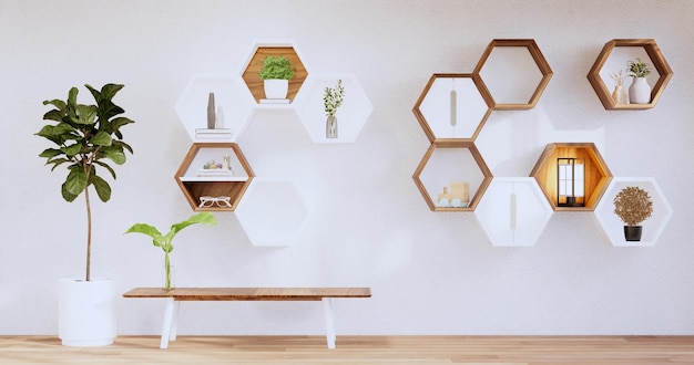 Hexagon wooden shelf japanese on wall background3D rendering