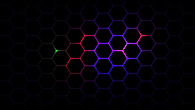 Hexagonal black color honeycomb backgroundwith blue red and green color light illustration background