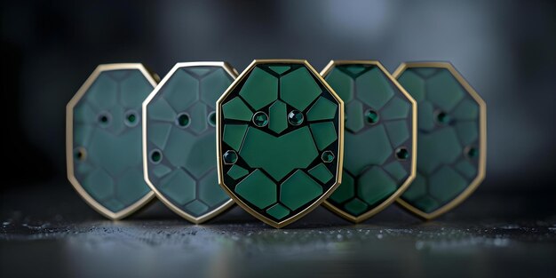 Photo hexagonal green shield badges with gemstones on black background for awards concept awards badges gemstones hexagonal shape green shield