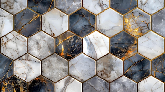 Photo a hexagonal marble tile pattern with white grey and brown hues the tiles have gold trim around the e