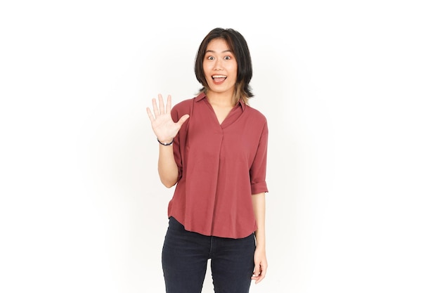 Hi Greeting or Waving at Camera Of Beautiful Asian Woman Isolated On White Background