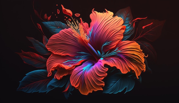 Hibiscus flower neon illustration wallpaper image Ai generated art