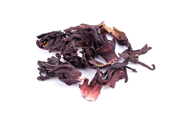 Hibiscus flower red tea karkade dried petals of Sudanese rose isolated on white