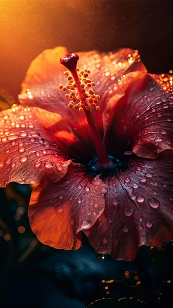 Hibiscus flower with water drops with random background sun rise Generate Ai