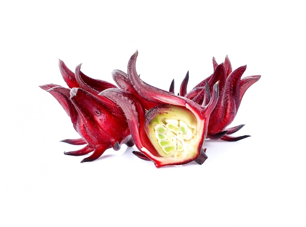 Hibiscus sabdariffa or roselle fruits isolated on white background.