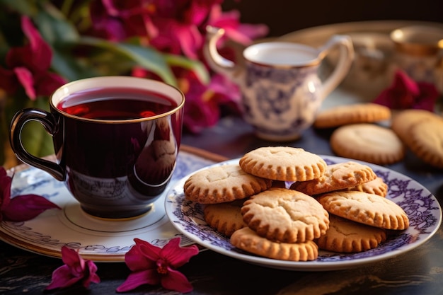 Hibiscus tea in a ceramic cup with a plate of freshly baked cookies