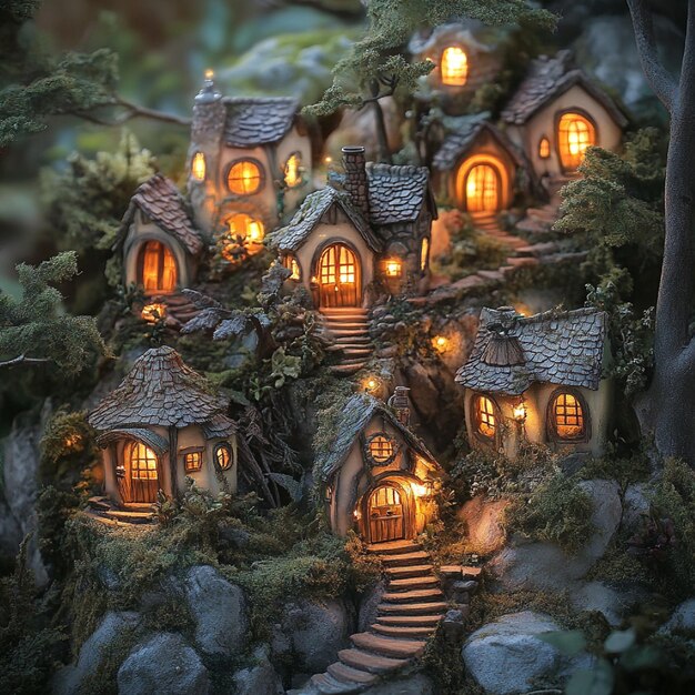 Photo hidden fairy village with luminescent houses