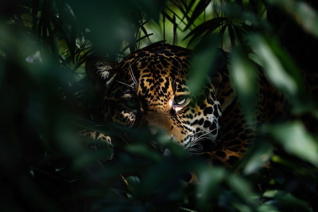 Photo hidden jaguar peering through jungle leaves generative ai