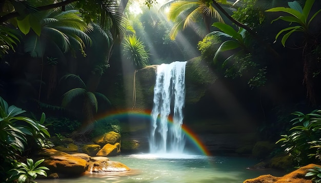 Photo hidden jungle waterfall with cascading water and rainbow in the mist