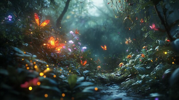 Photo hidden mystical garden with enchanting glowing plants