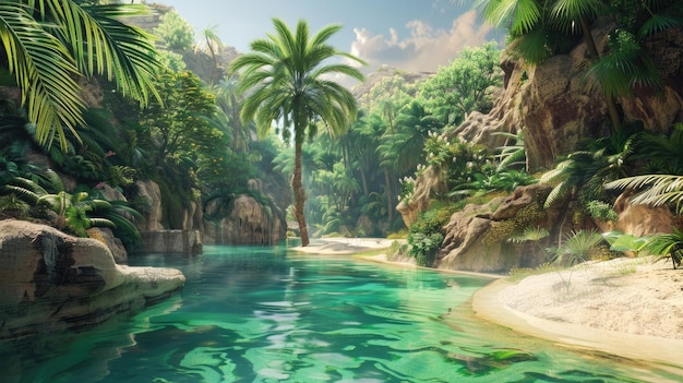 Photo hidden oasis in the middle of a vast desert with crystalclear waters and lush vegetation ai generated