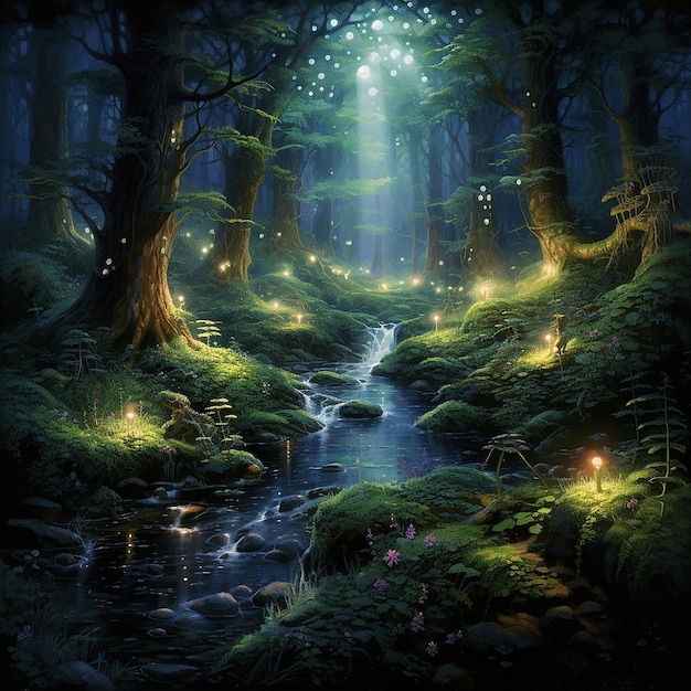 A hidden place in the forest where fairies gather under the moonlight