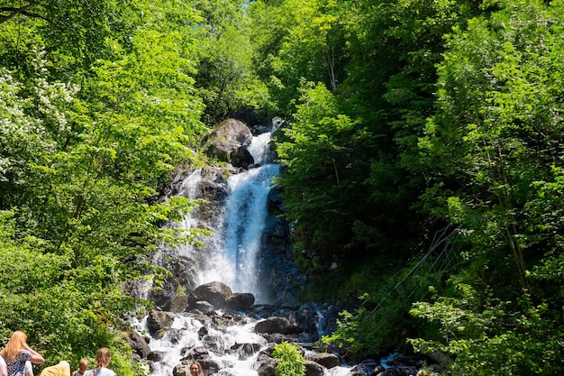 Hidden rain forest waterfall with lush foliage and mossy rockstropical sunny landscape fresh summer