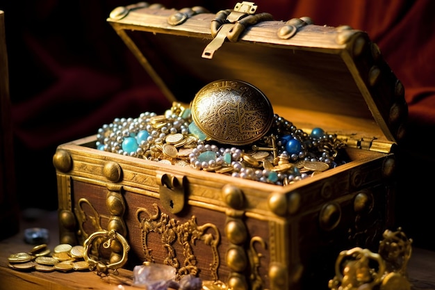 a hidden treasure chest filled with gold and jewels AI generated