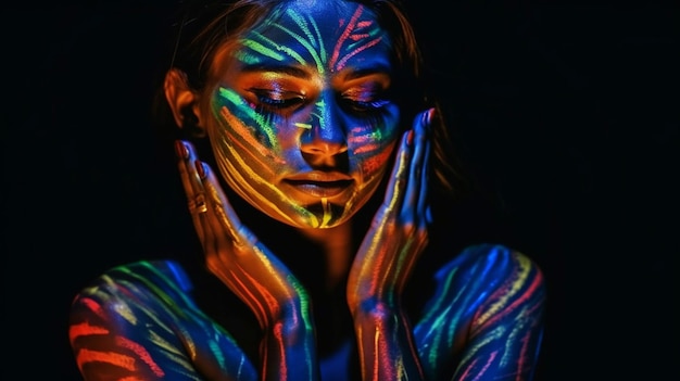 The hidden treasures Generative AI image of a young woman posing while wearing neon paint on her face