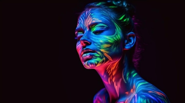 The hidden treasures Generative AI image of a young woman posing while wearing neon paint on her face