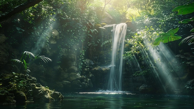 A hidden waterfall cascading into a sunlit pool surrounded by lush foliage and enveloped in a soft mist