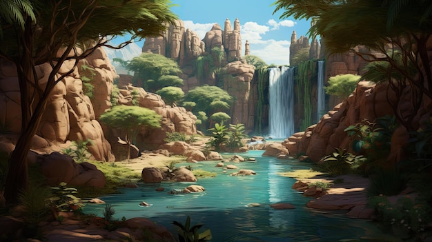 Hidden waterfall oasis in a desert