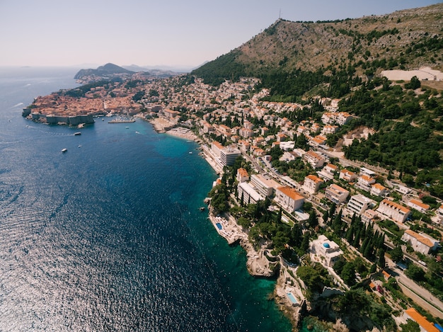 High aerial view from a drone on the coast of dubrovnik and the old town in croatia